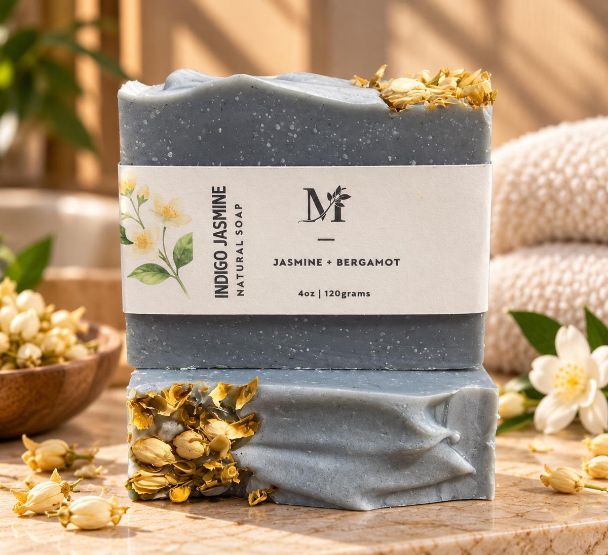 Indigo Jasmine Natural Soap bar with dried jasmine flowers