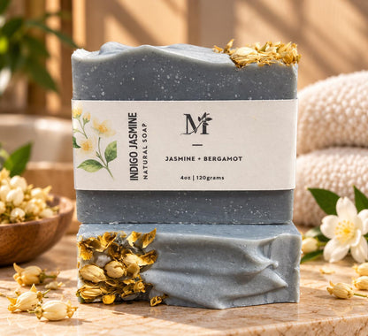 Indigo Jasmine Natural Soap bar with dried jasmine flowers