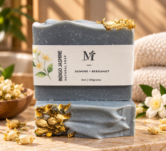 Indigo Jasmine Natural Soap bar with dried jasmine flowers