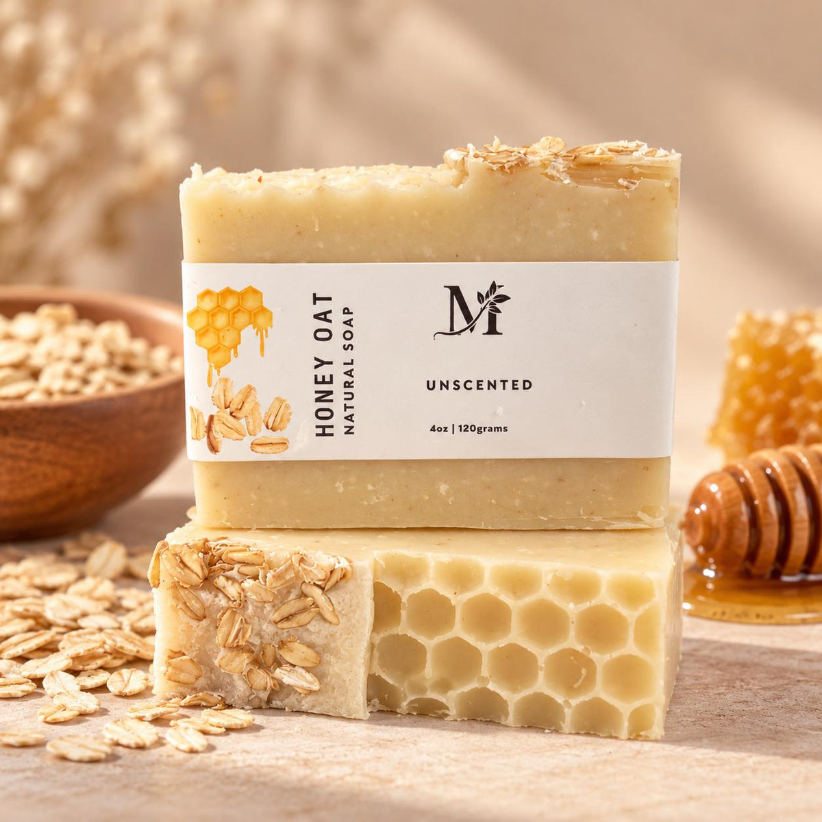 Honey Oat Natural Soap with honeycomb design and oat topping