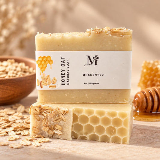Honey Oat Natural Soap with honeycomb design and oat topping